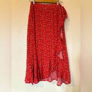 Woman's Blu Pepper Red Floral ruffled Wrap Midi Skirt - Size M